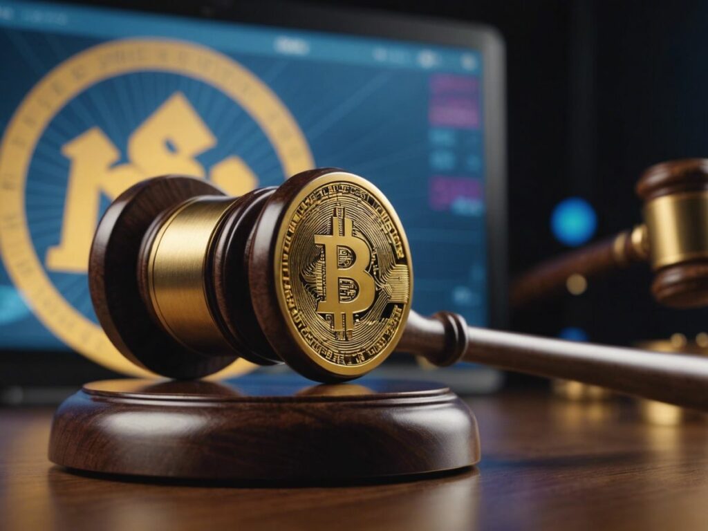 Gavel striking with cryptocurrency logos, representing SEC lawsuits against major crypto exchanges.