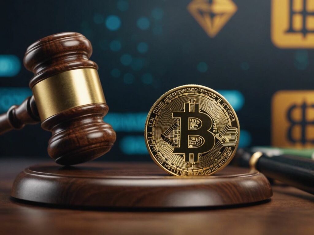 Gavel striking with cryptocurrency symbols, symbolizing SEC lawsuits against major crypto exchanges.