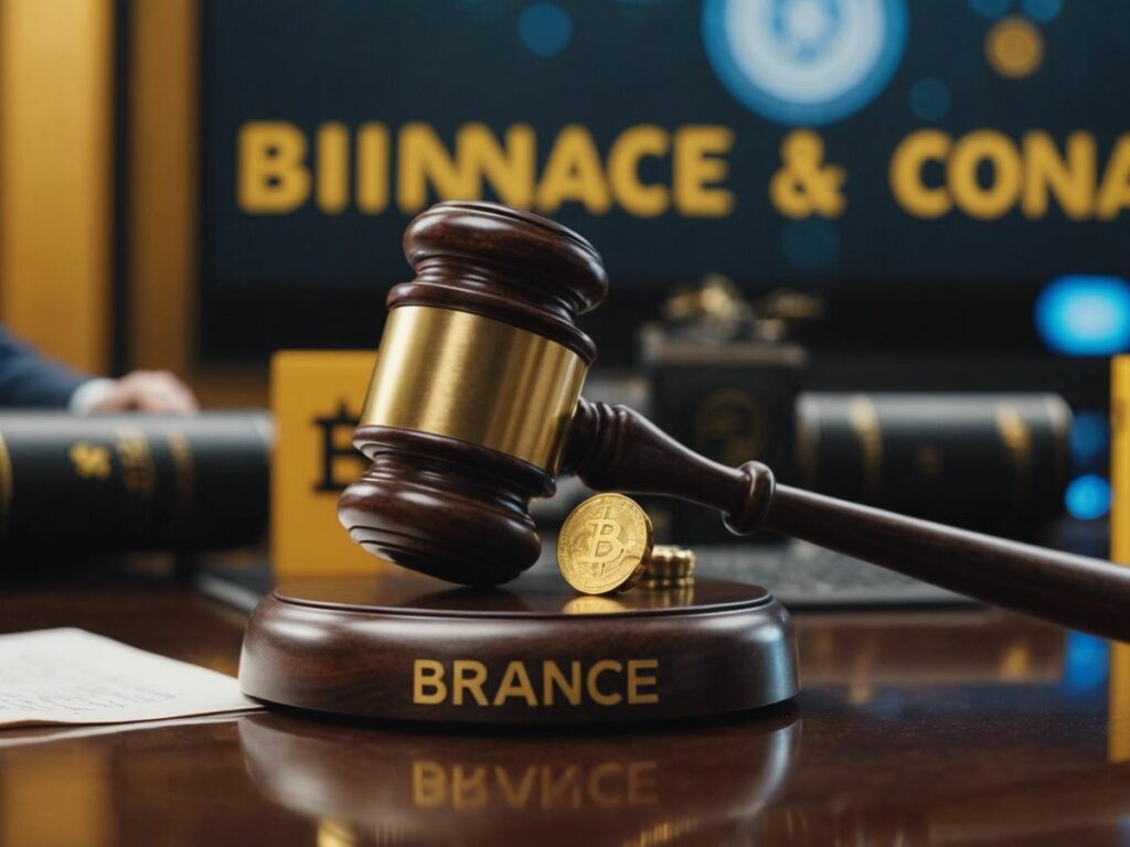 Gavel striking block with Binance, Coinbase, Kraken logos, representing SEC lawsuits and new regulatory era.