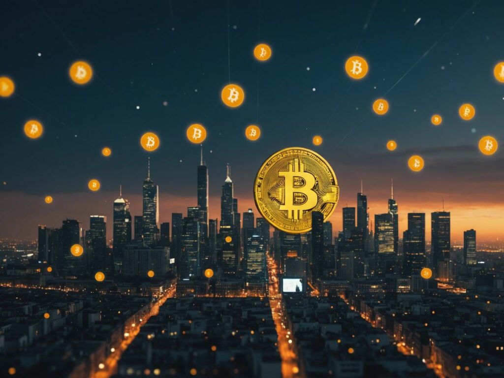Futuristic cityscape with floating Bitcoin symbols, illustrating expert predictions and forecasts for Bitcoin's future.
