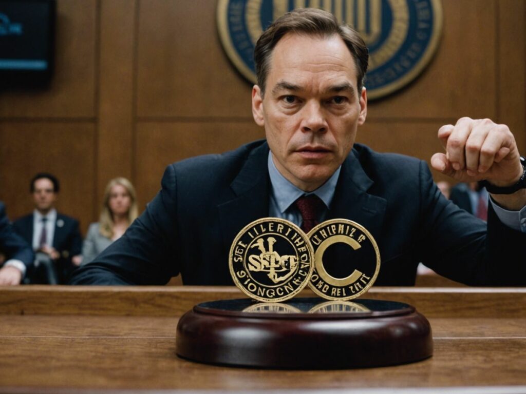 Max Keiser and SEC logo with a gavel, representing the Coinbase lawsuit and altcoins as securities.