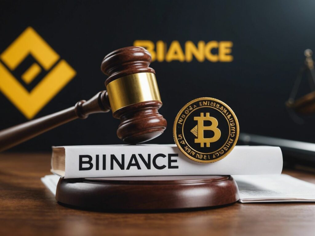 Binance and Coinbase logos with a gavel in between, representing SEC lawsuits against both crypto exchanges.