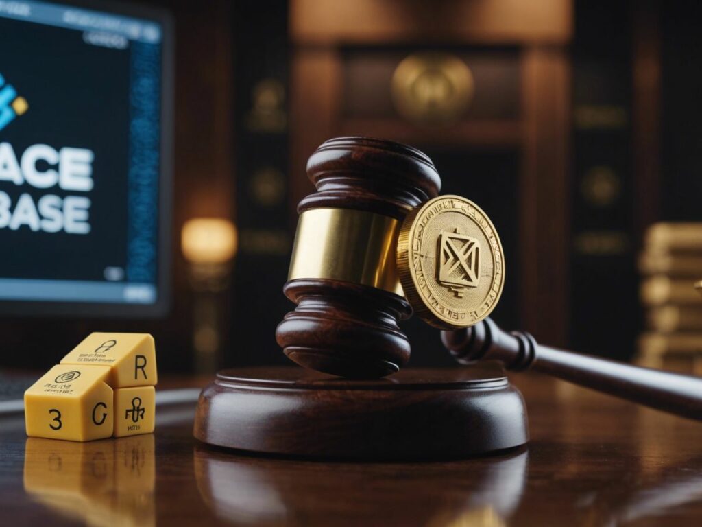 Gavel striking with Binance, Coinbase, Kraken logos, symbolizing SEC lawsuits and a new era of regulation.