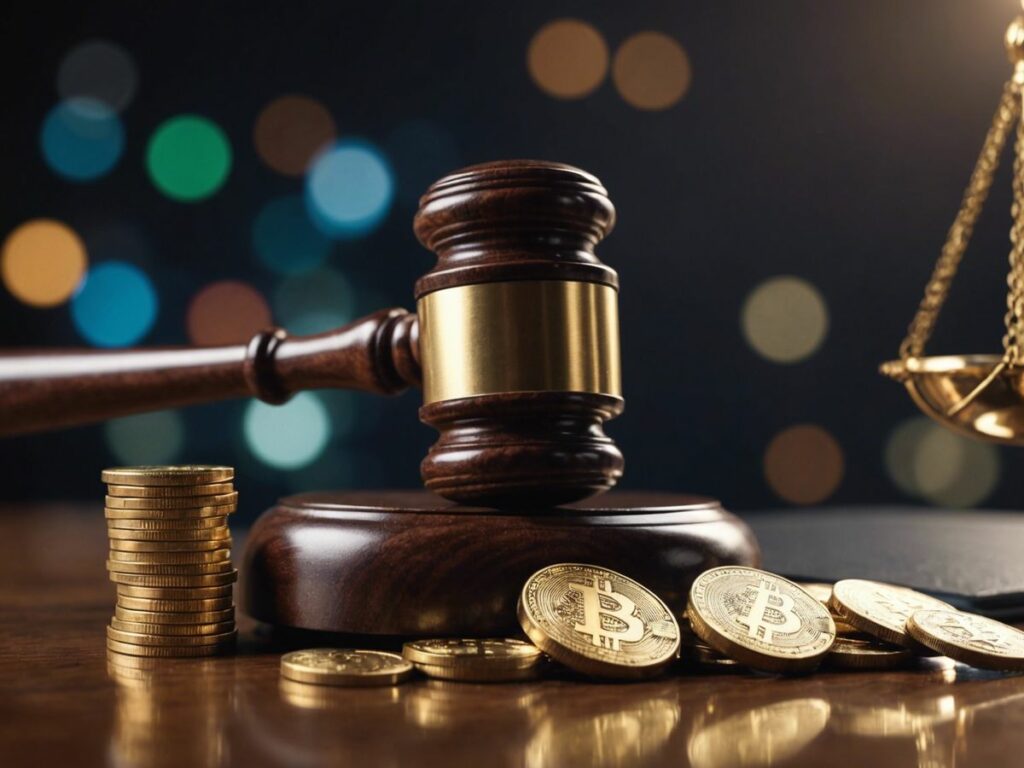 Gavel and crypto coins symbolizing SEC lawsuits in crypto.