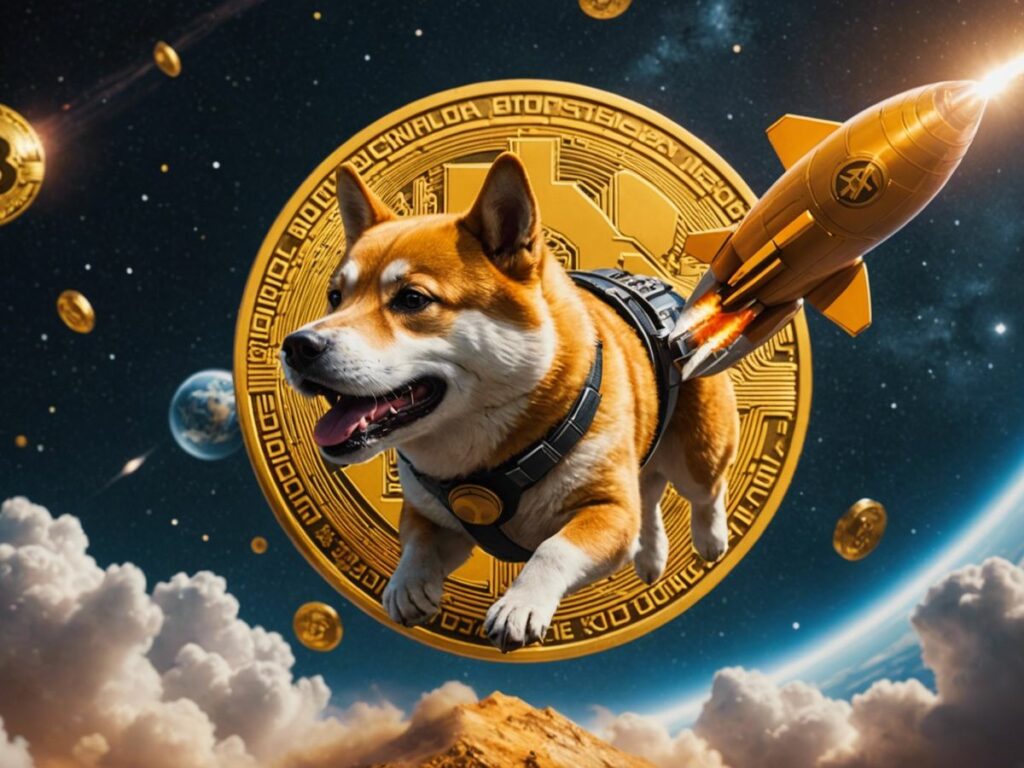 Shiba Inu rocket ship flying towards a golden Bitcoin symbol, representing DOG coin's market cap surge.