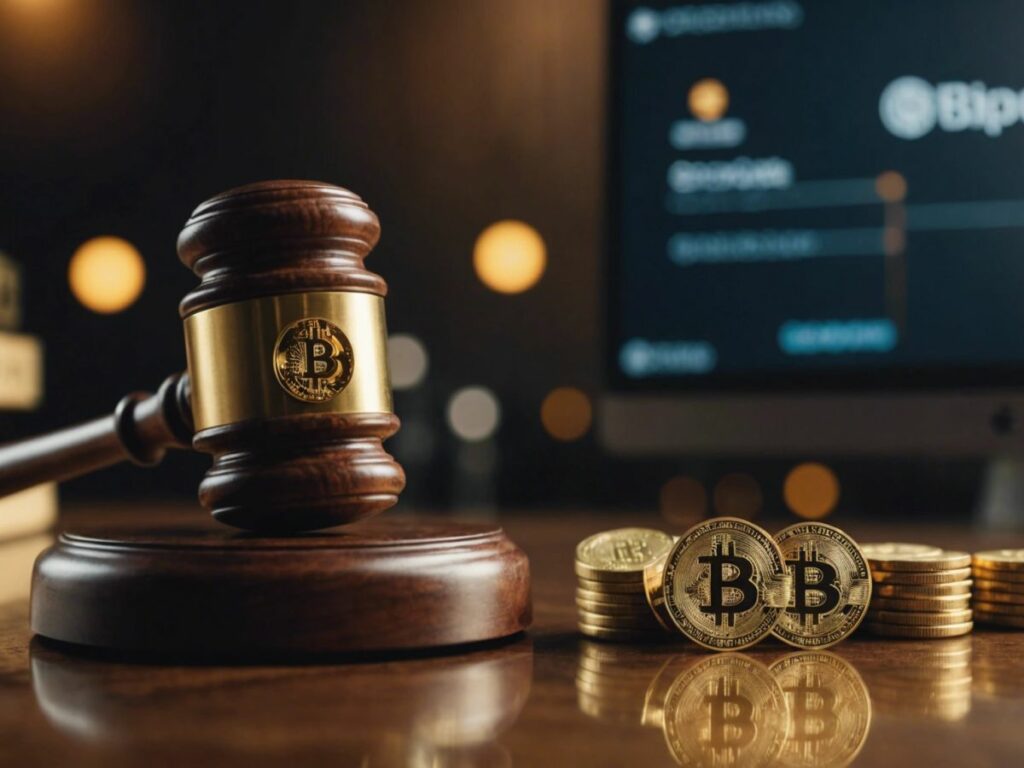 Gavel striking with Bitcoin, Ethereum, Binance Coin logos, representing SEC lawsuits against major crypto exchanges.