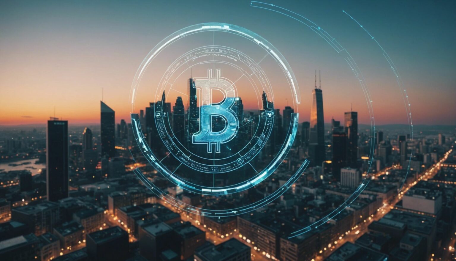 Futuristic city with floating digital currency symbols, highlighting upcoming crypto projects in 2023.