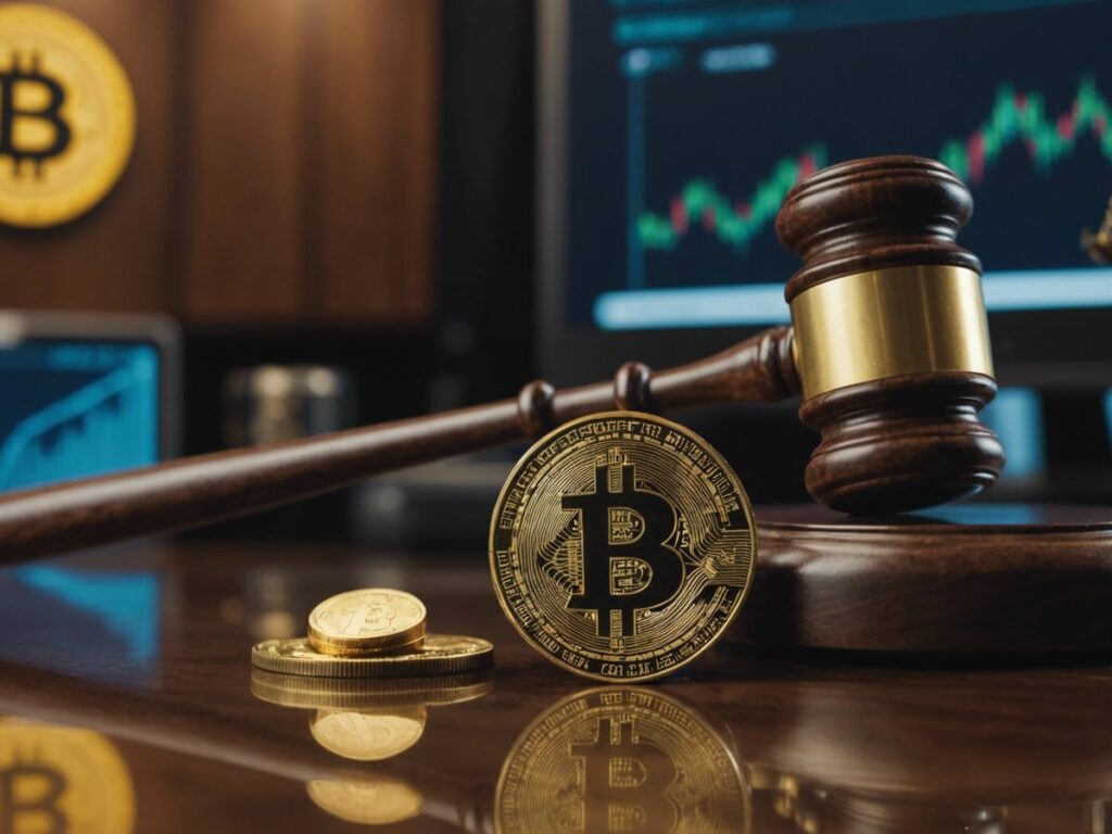 Gavel striking a cryptocurrency coin with Coinbase and Binance logos, representing SEC lawsuits against these crypto giants.