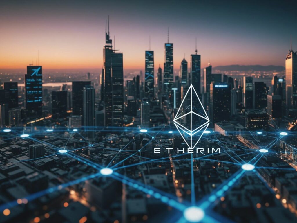 Ethereum logos and stock market graphs overlay on a futuristic cityscape, representing Ethereum Spot ETF approval and market analysis.