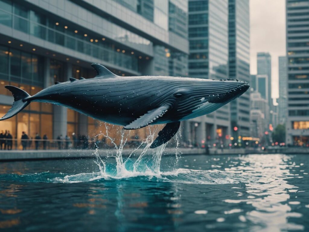 Whale carrying Ethereum tokens away from a large cryptocurrency exchange, symbolizing a significant transfer of funds.