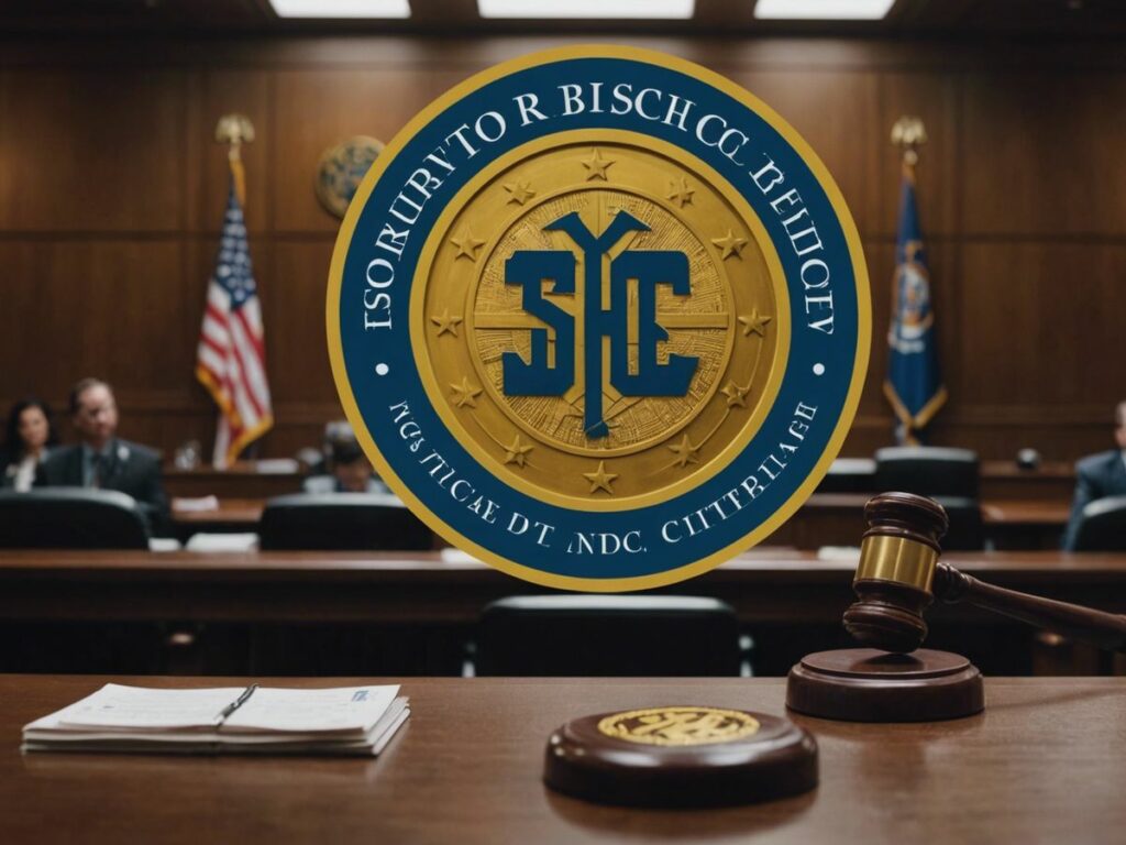 SEC facing off against Binance, Coinbase, and Kraken in a courtroom, representing the legal battle for crypto's future.