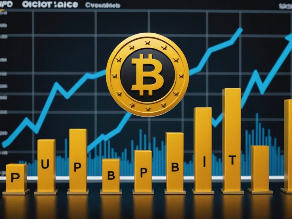 Upbit logo ascending a bar chart, symbolizing its rise among top crypto exchanges, with Binance and Coinbase logos.
