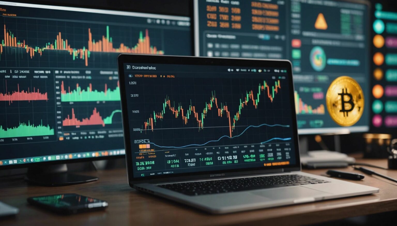 Futuristic trading interface with cryptocurrency symbols, charts, and graphs, showcasing dynamic crypto trading.