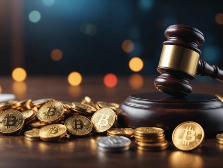 Gavel hitting block surrounded by cryptocurrency coins