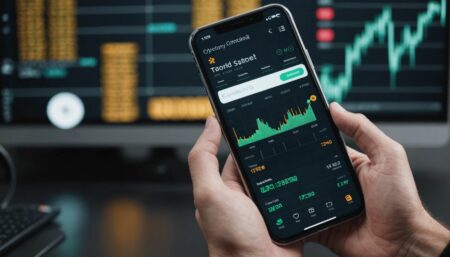 Mobile app interface displaying cryptocurrency trading features, charts, and user-friendly dashboard, similar to Binance app.