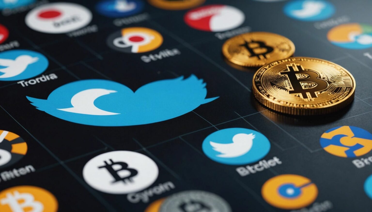 Twitter logo with Bitcoin and Ethereum symbols, highlighting social media's impact on digital currency.