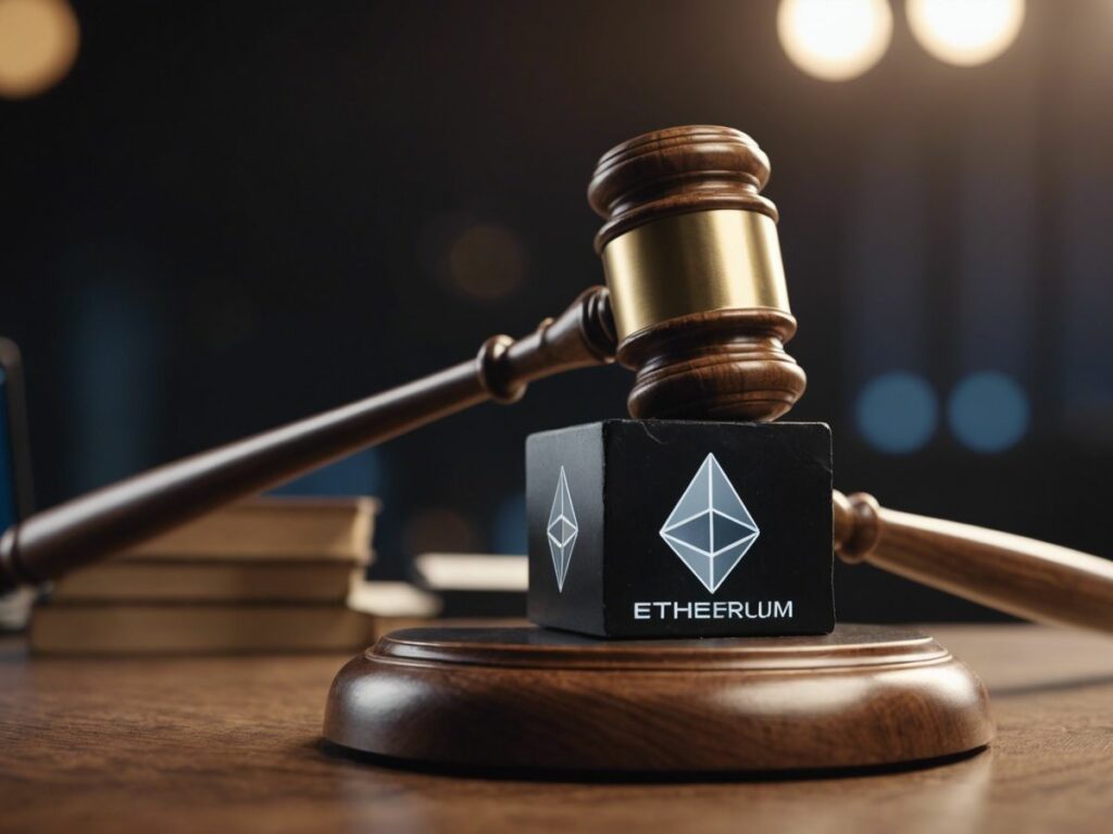 Gavel striking block with Ethereum logo, representing Bitstamp halting ETH staking for U.S. users due to regulatory issues.