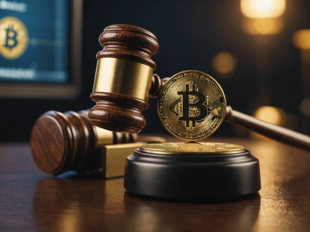 Gavel striking with Bitcoin, Ethereum, Binance Coin logos, representing SEC lawsuits against major crypto exchanges.