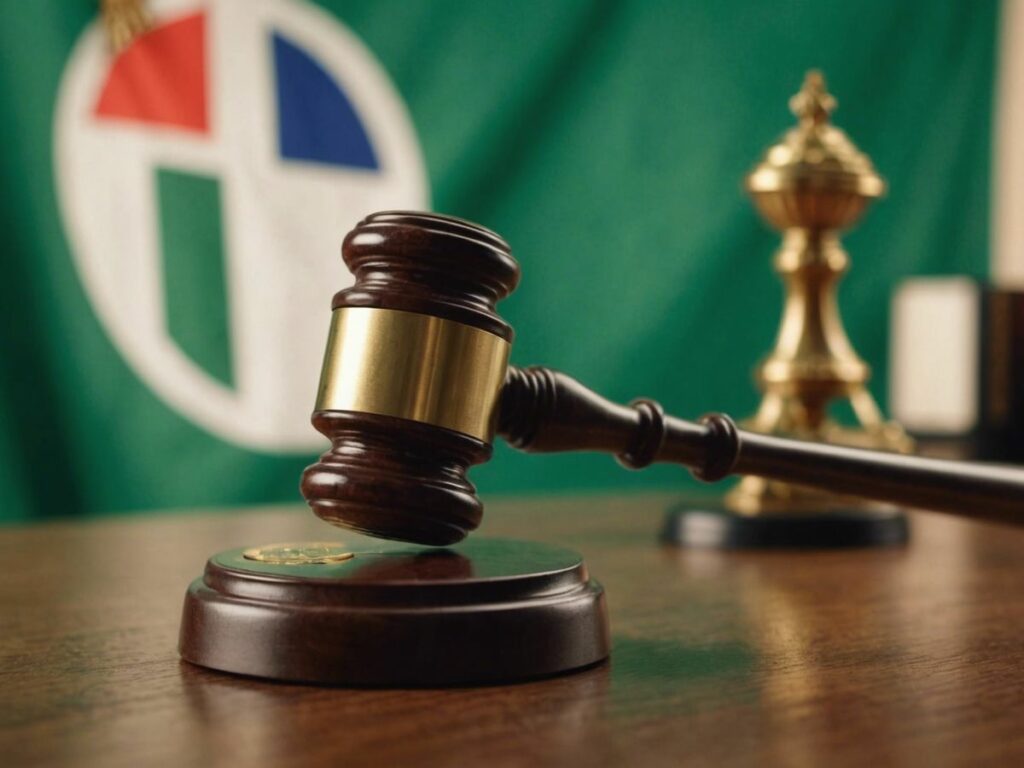 Gavel striking a cryptocurrency coin with Nigerian flag, representing Nigeria's ban on Binance and other crypto firms.