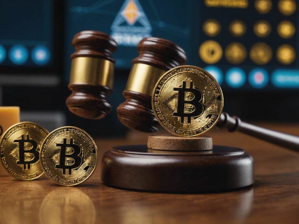Gavel striking with Bitcoin, Ethereum, Binance Coin logos, representing SEC lawsuits against Binance, Coinbase, Kraken.