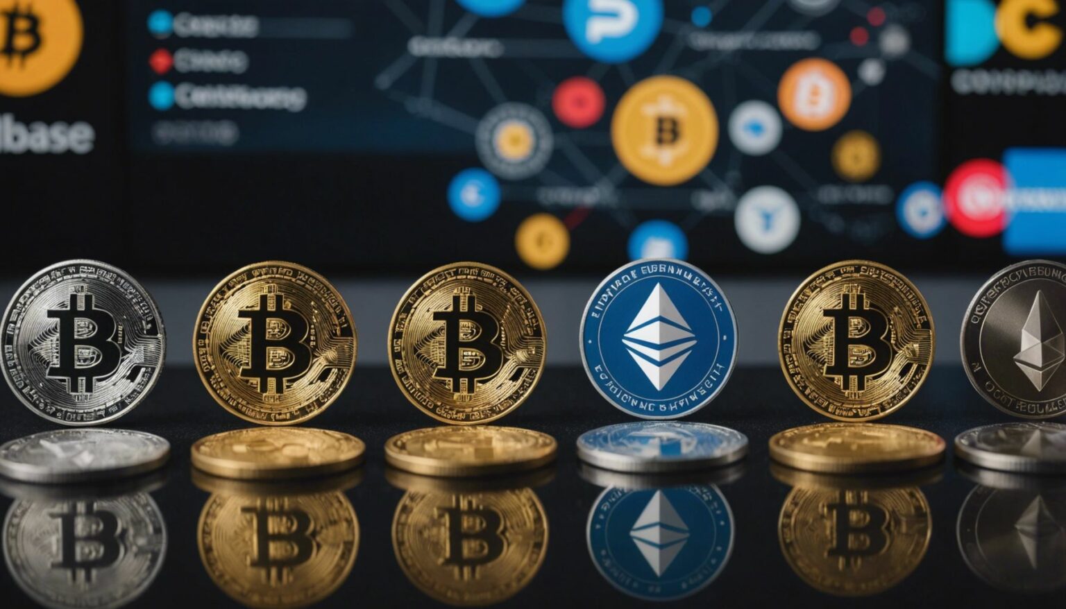 Emerging cryptocurrency exchanges logos surrounding Coinbase logo, symbolizing market competition.