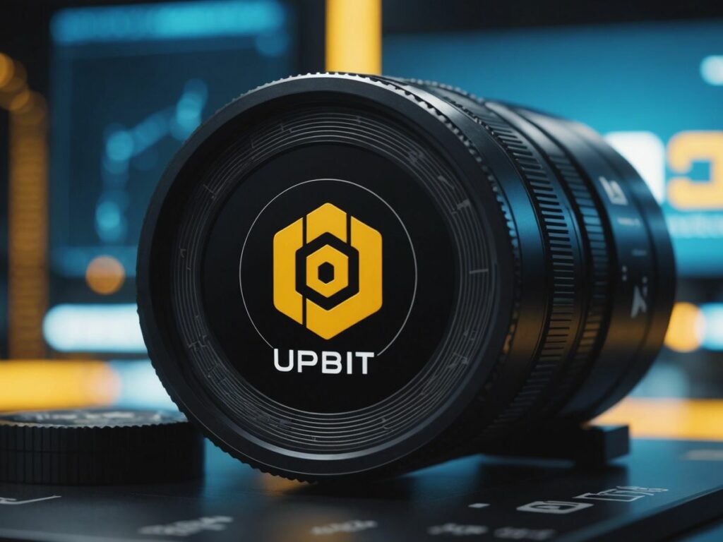 Upbit logo with Binance and Coinbase logos in the background, representing competition among top five crypto exchanges.