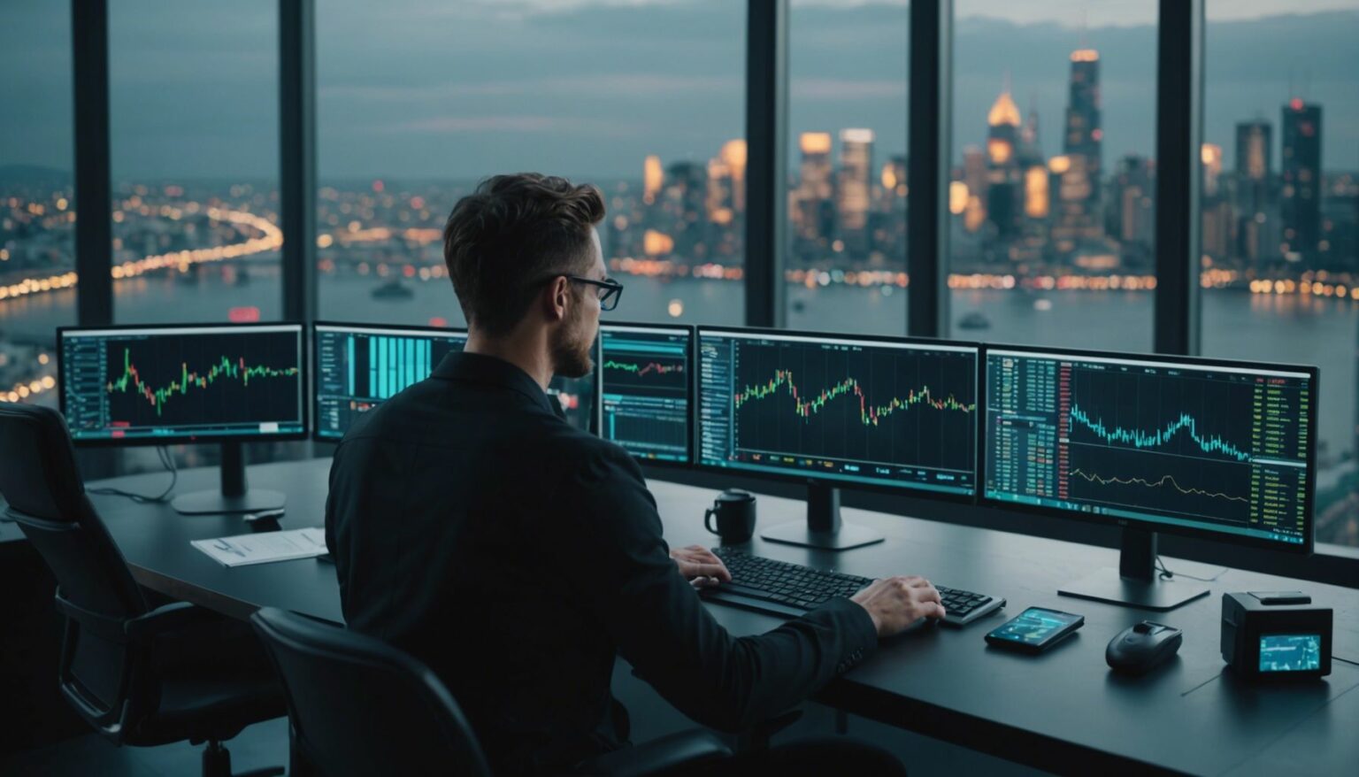 Trader analyzing cryptocurrency market charts on multiple screens with a futuristic cityscape in the background.