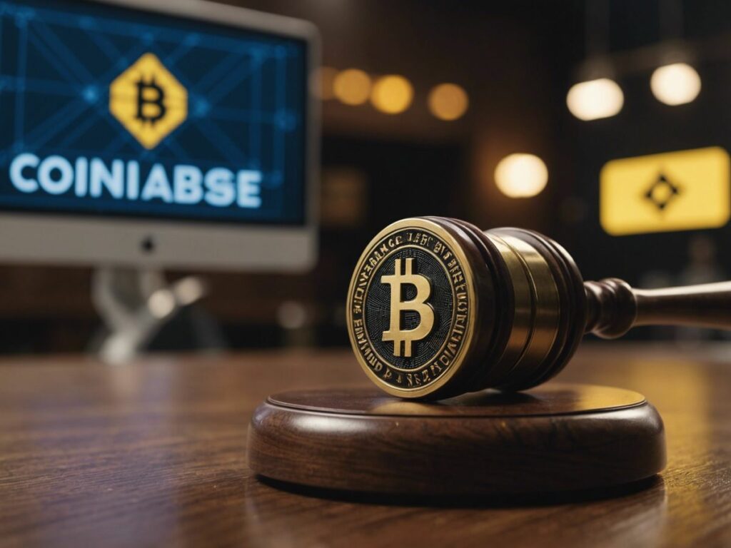Gavel striking with Coinbase and Binance logos, symbolizing US legal action against crypto exchanges.