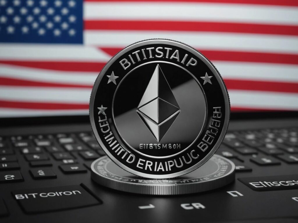 Bitstamp logo with US flag and fading Ethereum symbols, representing halted ETH staking in the US.