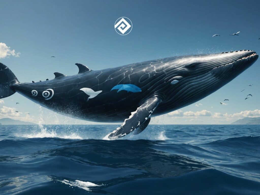 A giant whale with Ethereum logos around it, representing a $50 million ETH transaction.