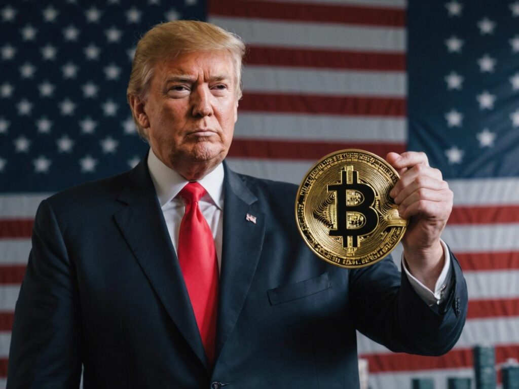 Donald Trump holding a Bitcoin symbol with American flag and financial charts in the background.