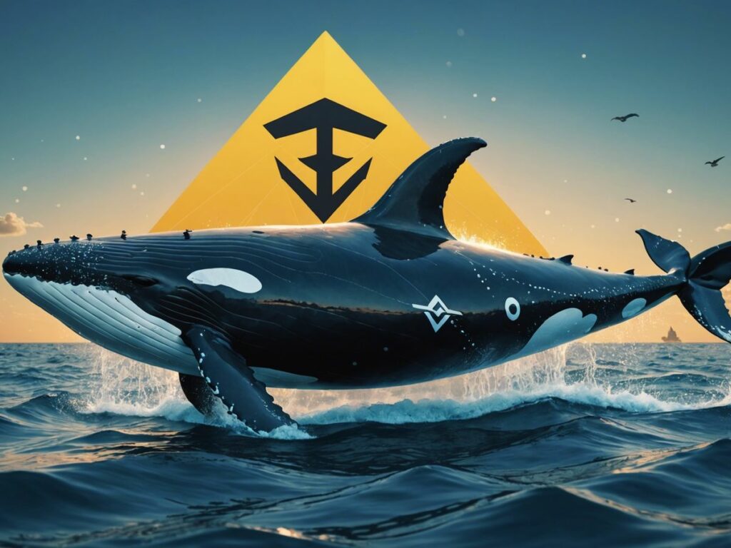 Whale swimming with Ethereum logos and Binance symbols, depicting a $50 million ETH transfer from Binance.