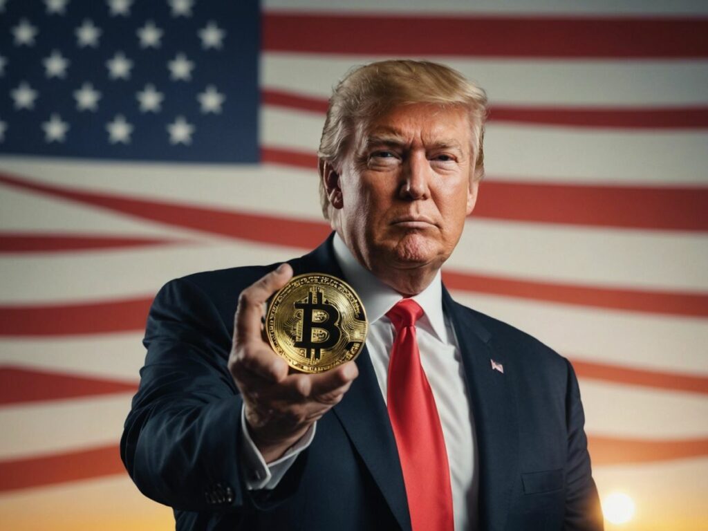 Donald Trump holding a Bitcoin symbol with the American flag in the background, symbolizing his call for U.S. Bitcoin mining.