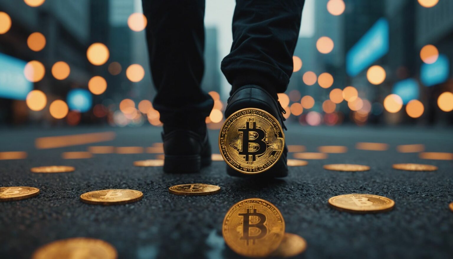 Person stepping into a digital world with Bitcoin and Ethereum symbols, representing the start of cryptocurrency investing.