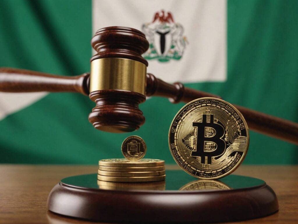 Gavel striking a cryptocurrency coin with Nigerian flag, symbolizing Nigeria's ban on Binance and other crypto firms.
