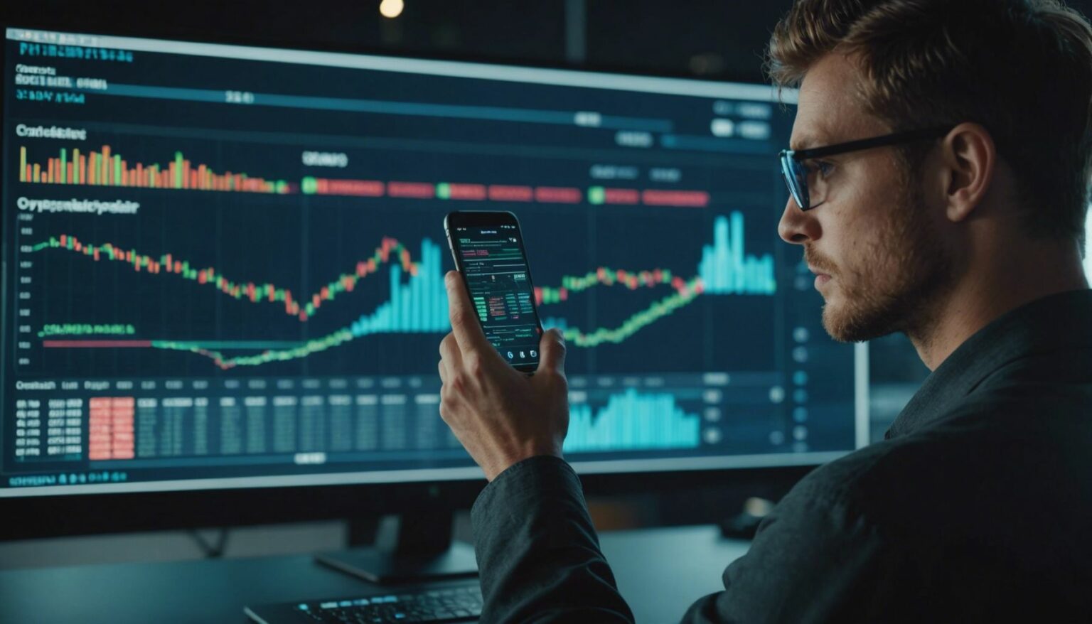 Person analyzing cryptocurrency charts on a holographic screen, representing future trading in the crypto world.