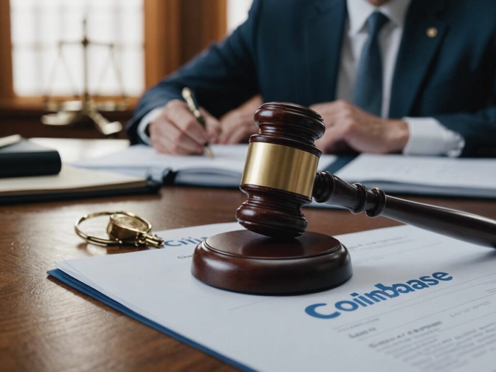 Coinbase logo with legal documents and gavel, representing expansion and legal challenges.