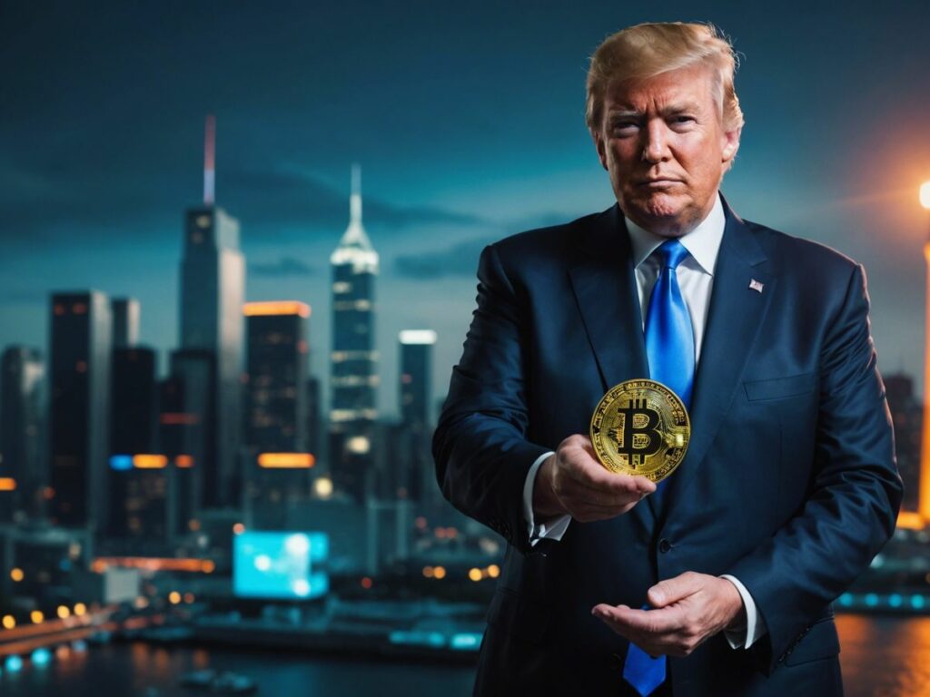 Donald Trump holding a Bitcoin symbol and an AI chip, set against a futuristic cityscape background.