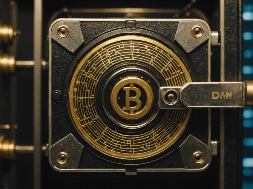DMM Bitcoin exchange hacked, digital vault with broken lock, symbolizing a $300 million security breach.