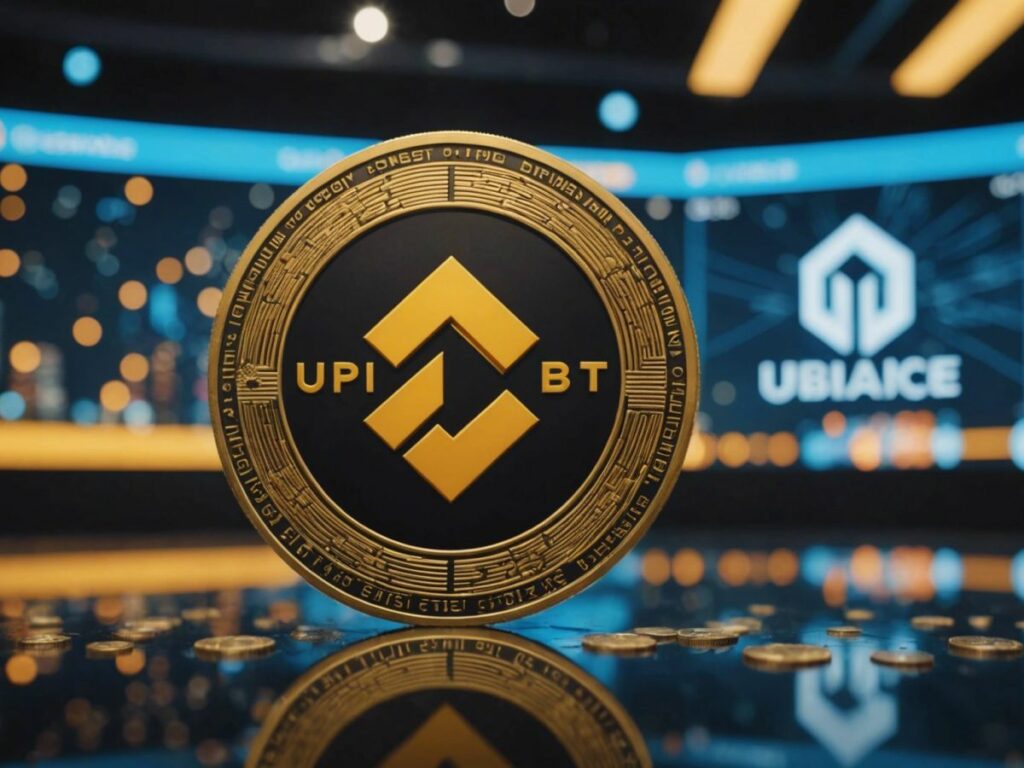 Upbit logo in focus with Binance and Coinbase logos in the background, representing competition among top five crypto exchanges.