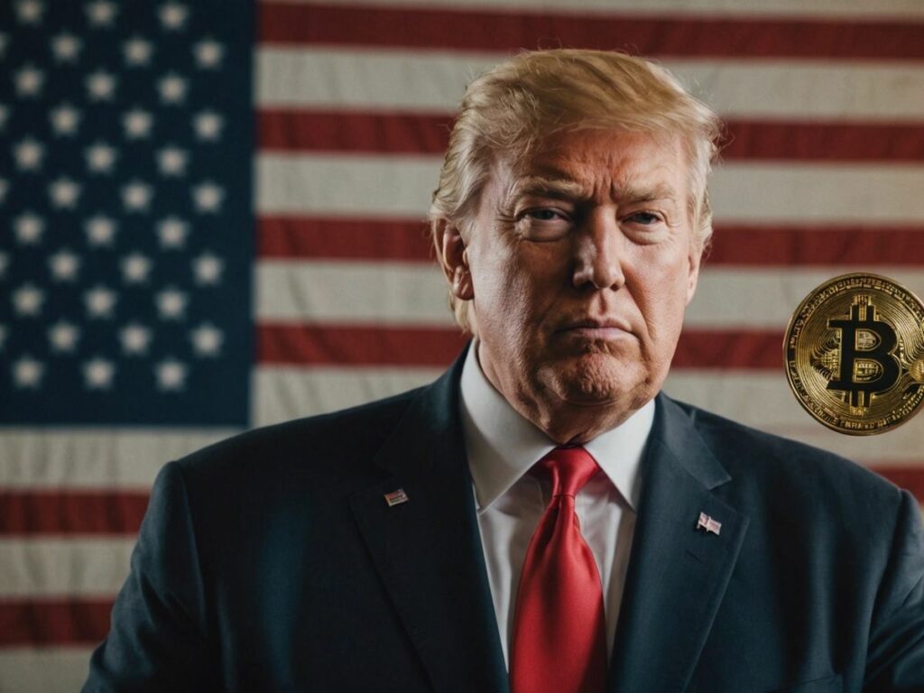 Donald Trump holding a Bitcoin symbol in front of an American flag, demanding all remaining Bitcoin be mined in the U.S.