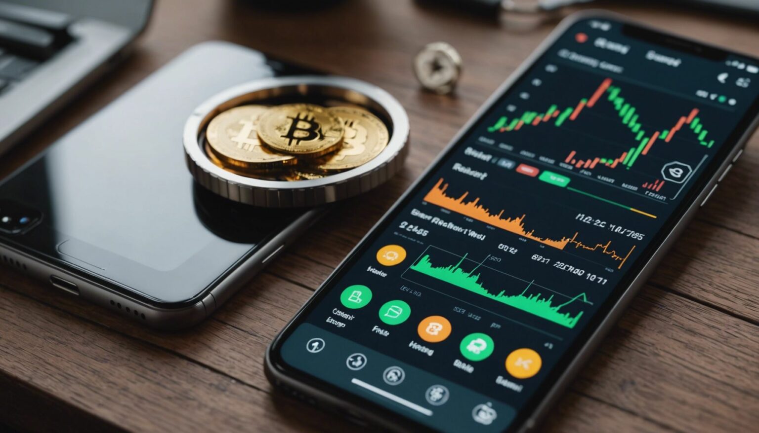 Smartphone showing cryptocurrency trading app interface with charts and trading options.