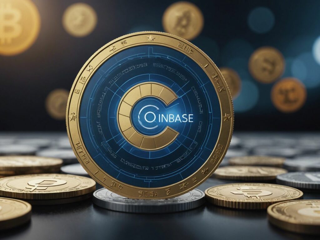 Coinbase logo centered on a digital coin, surrounded by various smaller cryptocurrency coins on a modern background.