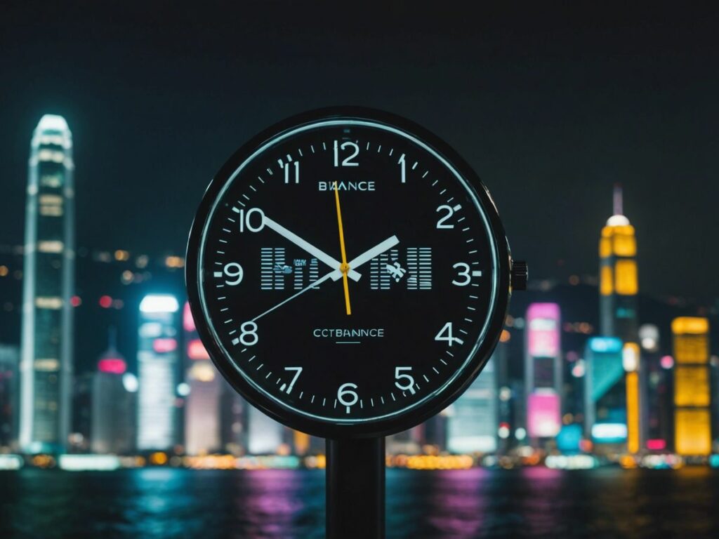 Clock with Hong Kong skyline, symbolizing missed crypto licensing deadline by Binance and major exchanges.