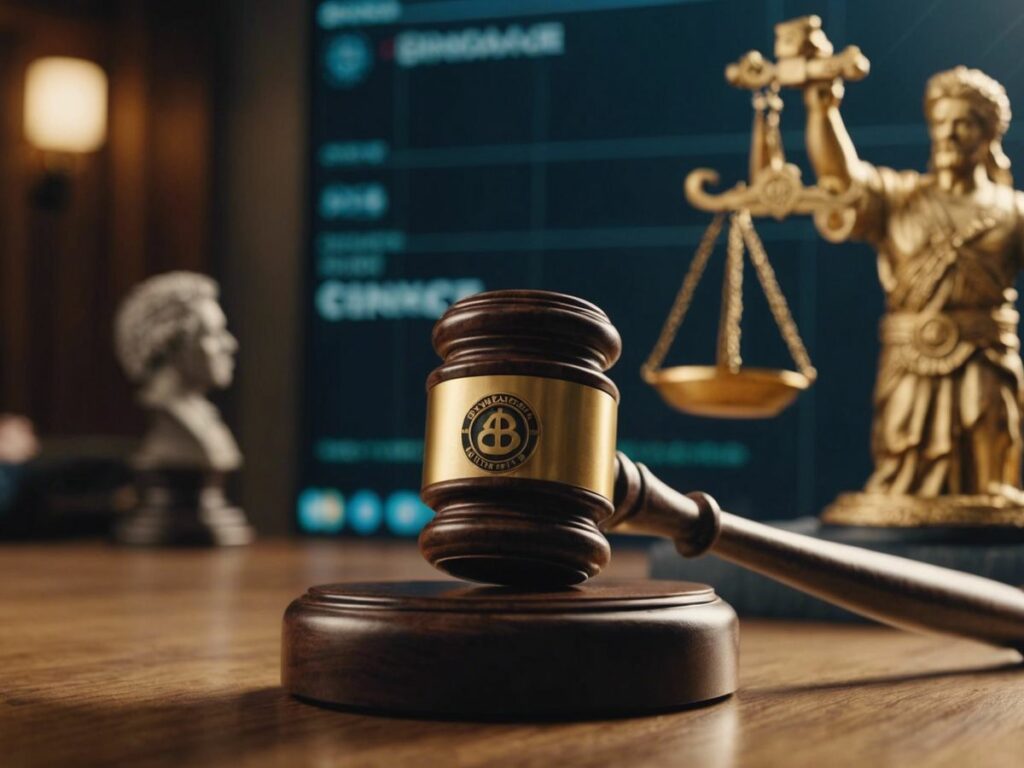 Gavel striking with Binance, Coinbase, Kraken logos, symbolizing SEC lawsuits and new challenges for crypto industry.