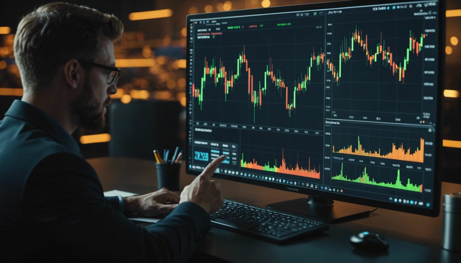 A trader analyzing a rising candlestick chart with cryptocurrency symbols on a digital screen.