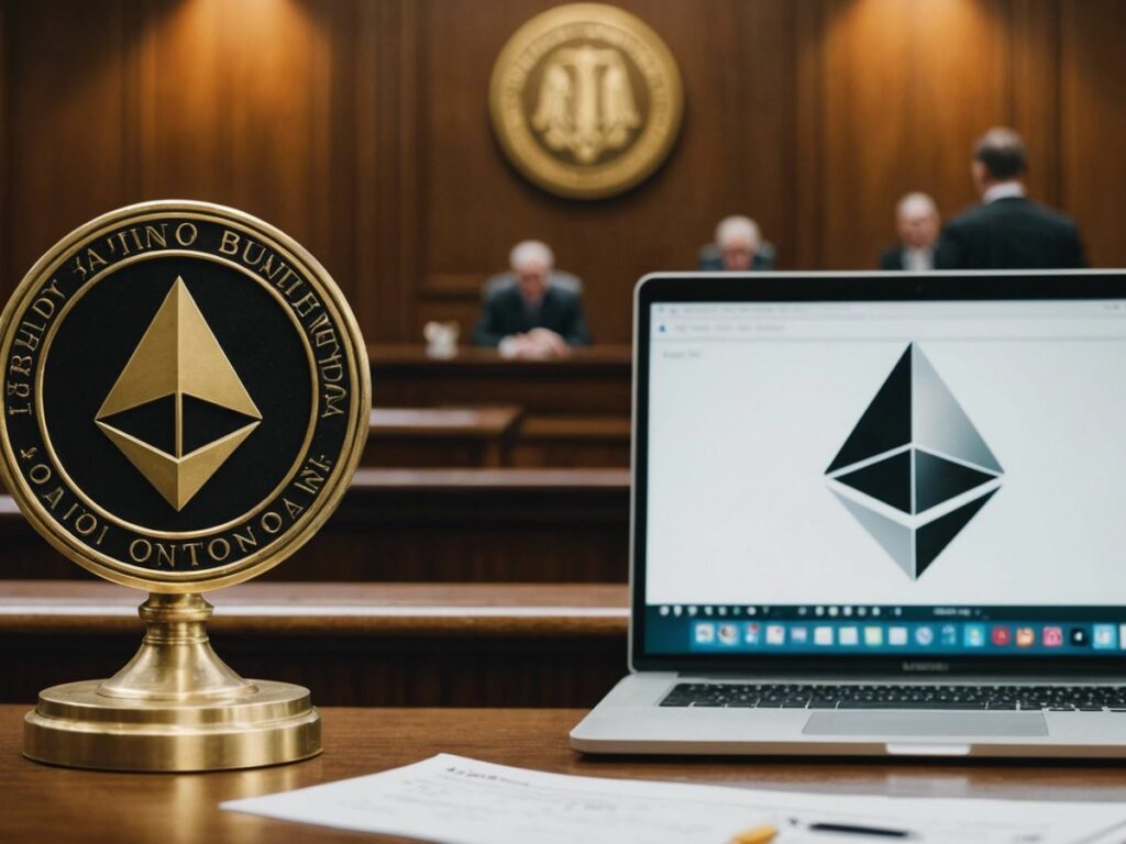 SBF in courtroom, Fidelity logo with Ethereum symbol, Coinbase logo with legal documents