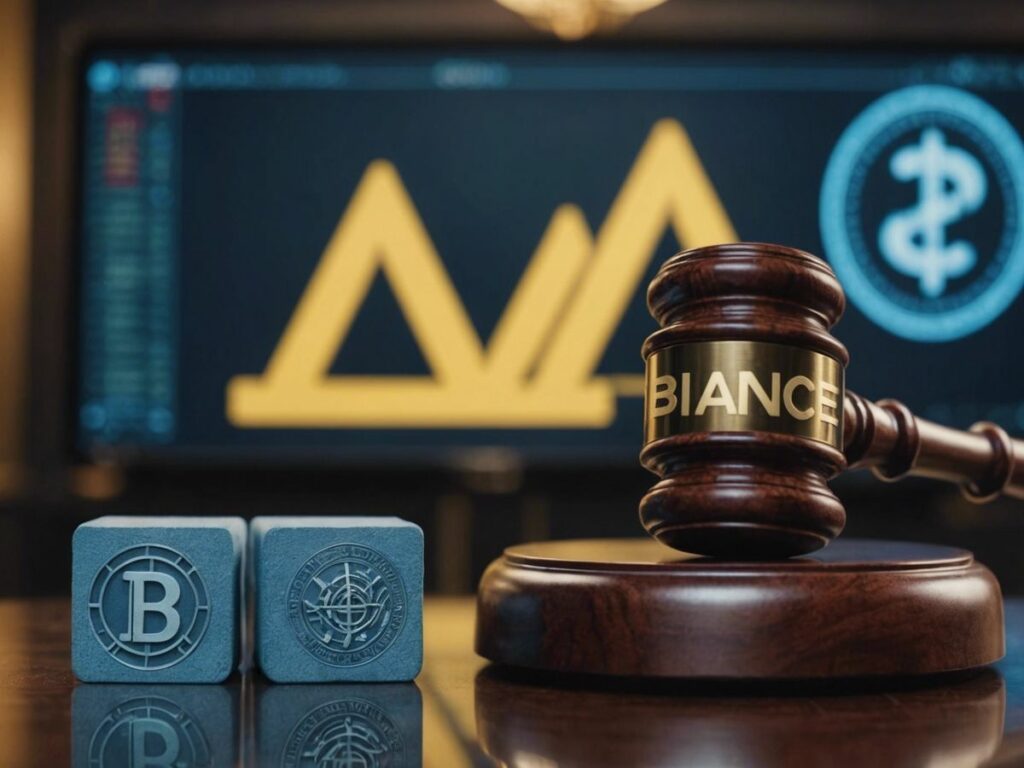 Gavel striking block with Binance, Coinbase, Kraken logos, symbolizing SEC lawsuits and new regulatory era.