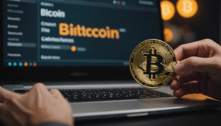 Beginner learning crypto with Bitcoin and laptop.