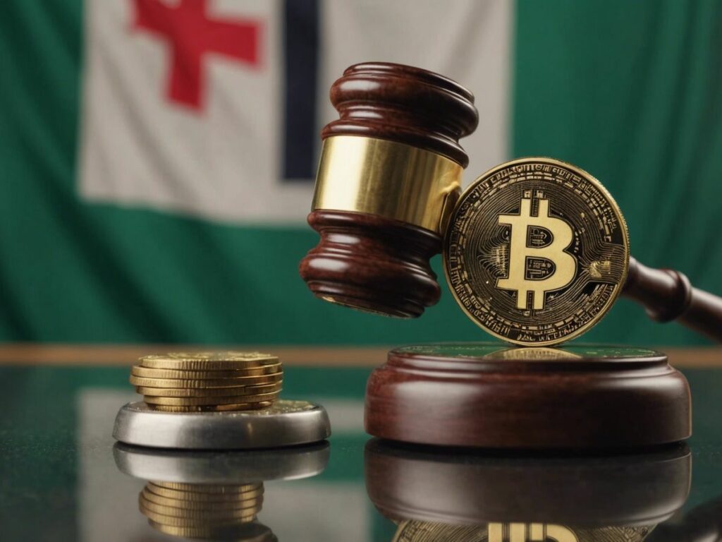 Gavel striking a cryptocurrency coin with Nigerian flag, symbolizing Nigeria's ban on Binance and other crypto firms.